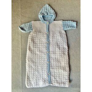 Hand Crocheted Bunting Blue & White Duck Buttons Hooded 23”  New Unused